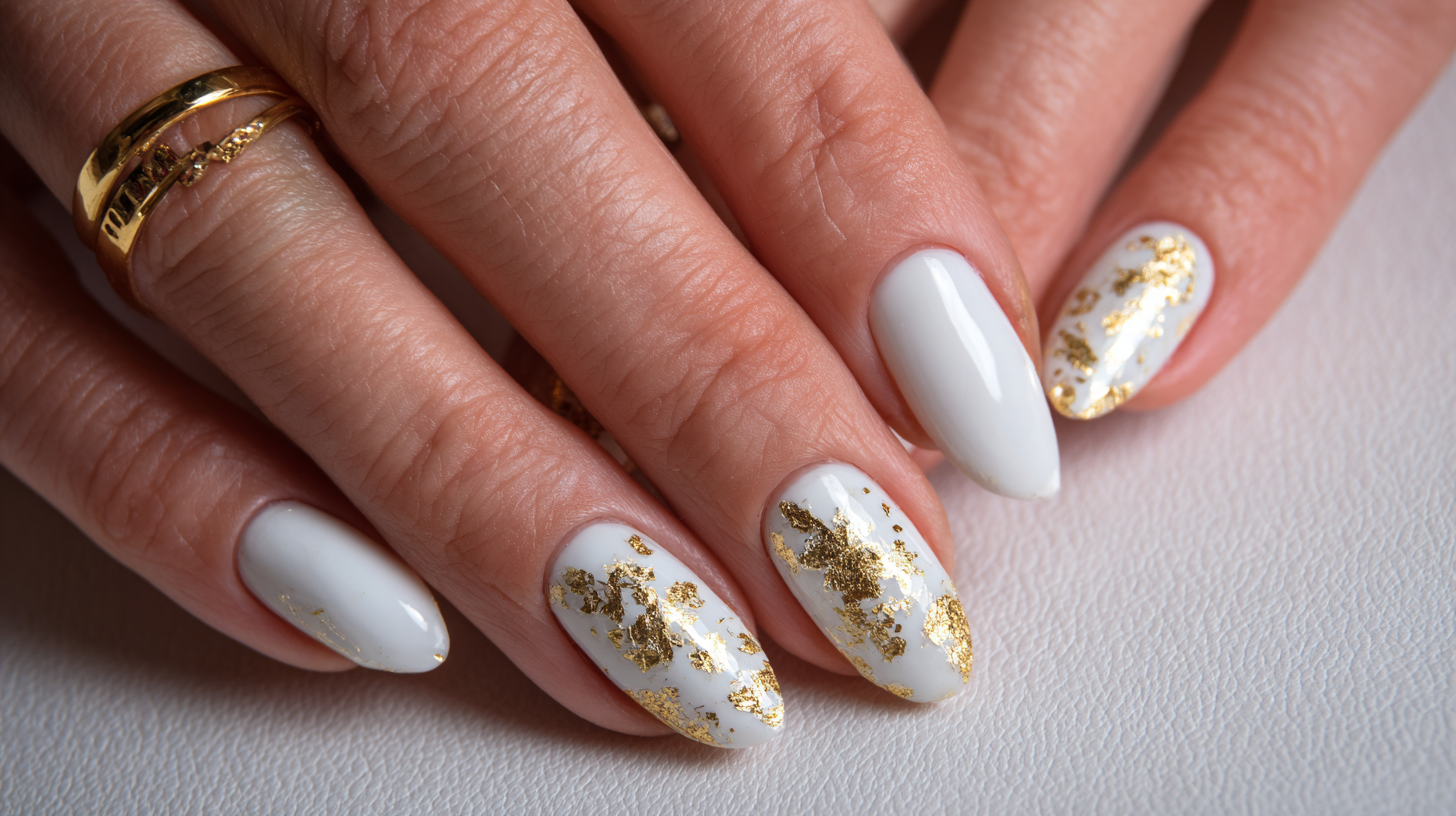 Milky White + Gold Leaf Foil Accent Nail